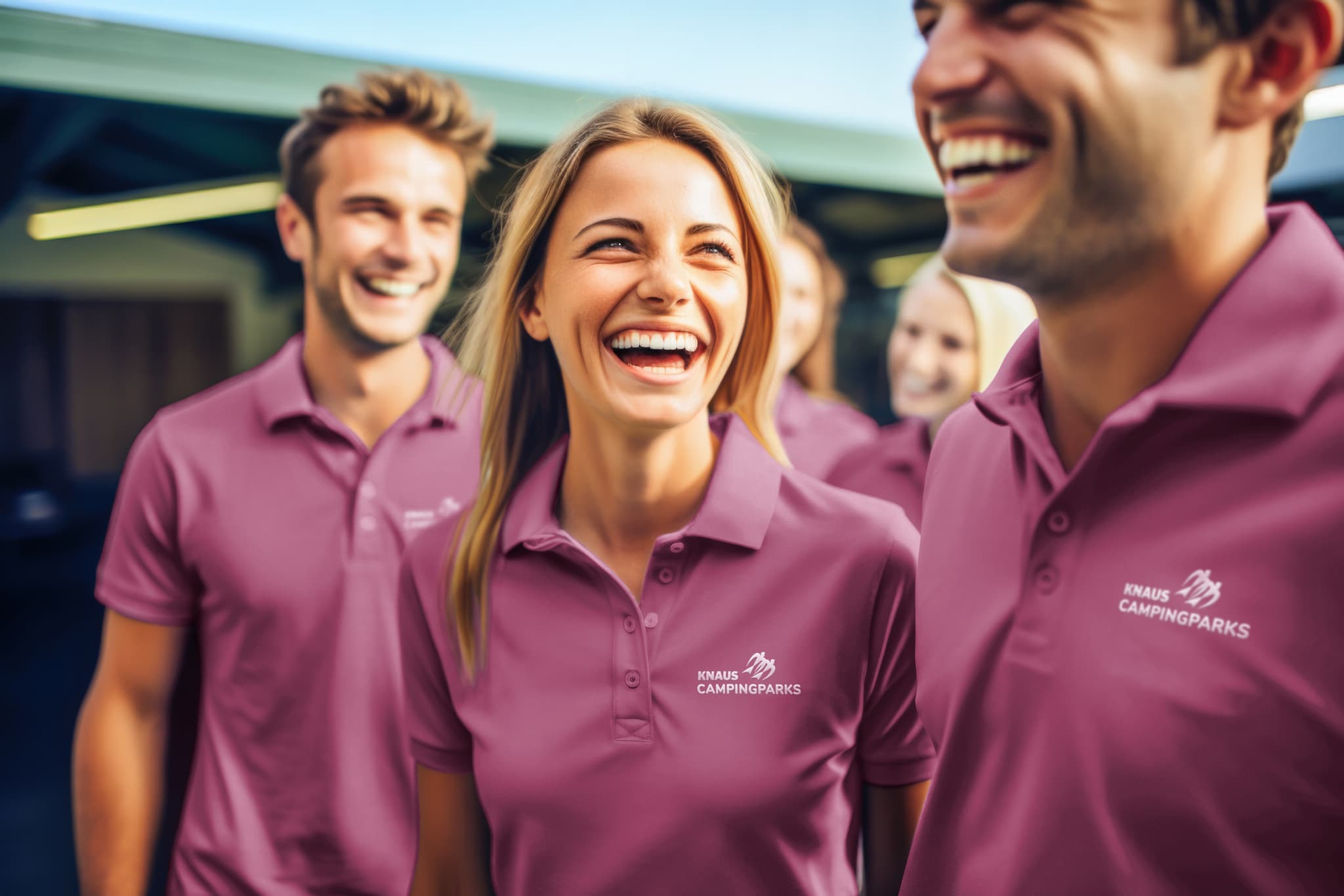 Eine Gruppe lächelnder Menschen in zusammenpassenden lila Polohemden mit einem KNAUS Logo steht im Freien und deutet auf eine Team- oder Mitarbeiterversammlung hin.