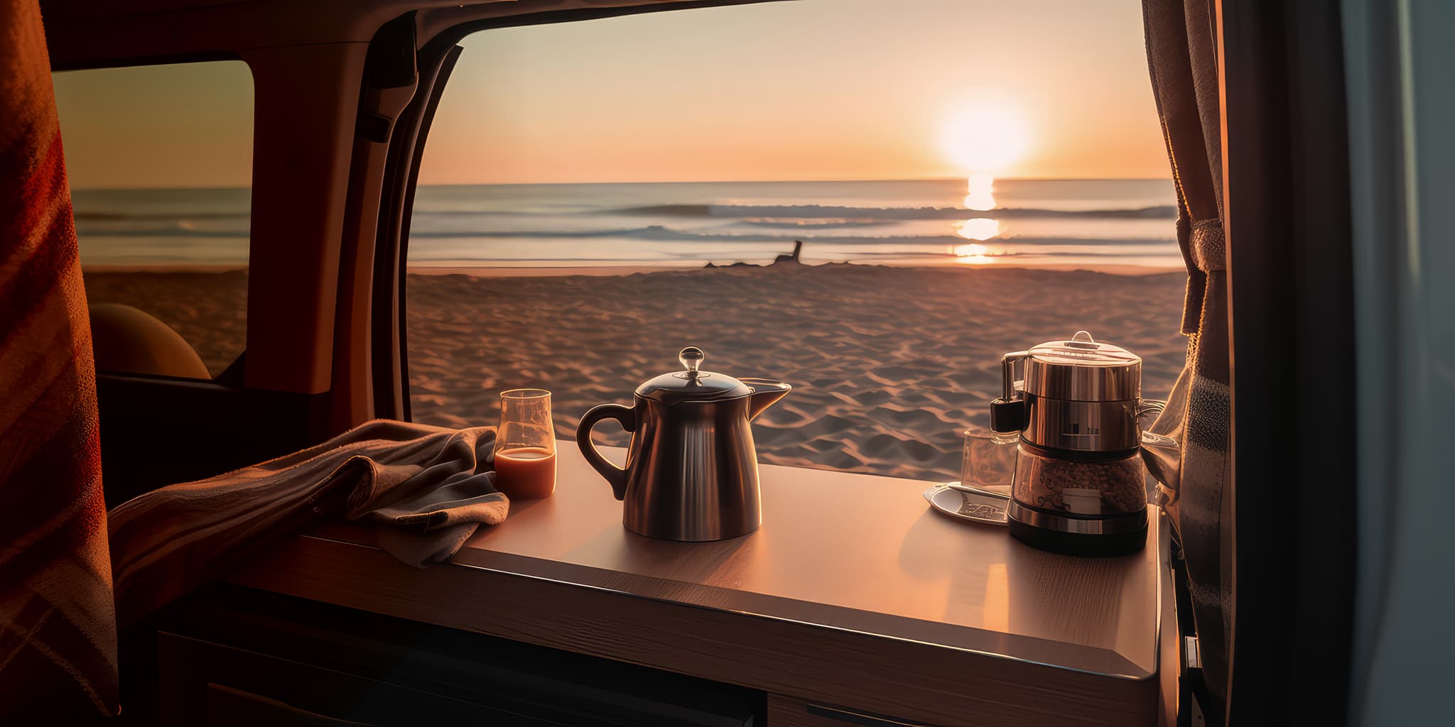 View from a van interior showing a beach sunset, with a teapot, coffee maker, and glass on a counter, and a surfboard on the sand outside.