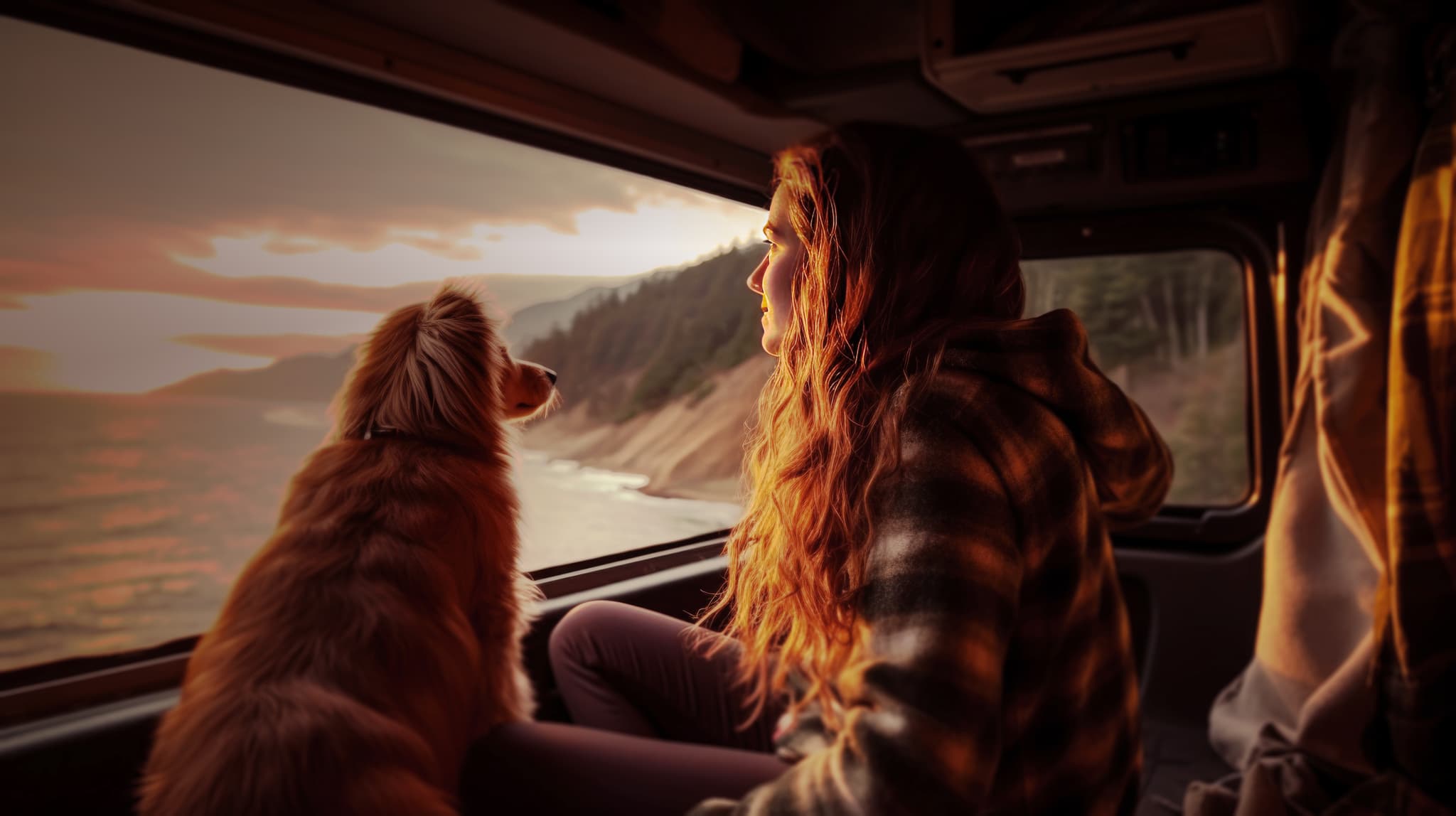 Frau und Hund blicken aus einem Lieferwagen auf einen malerischen Sonnenuntergang am Meer, mit Klippen und Bäumen im Hintergrund.